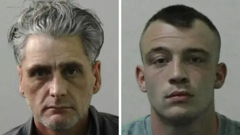 Northumbria Police Mugshots of Reid and Smith. Reid has faint white stubble and long grey hair swept up atop his head. Smith is younger with short dark hair.