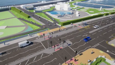 Brighton & Hove City Council An artist's impression, seen as an aerial view, of part of Hove seafront, with roads and the sea in the distance