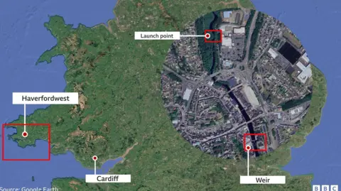 Map of Haverfordwest and the western River Cleddau through the town, including the weir where the paddleboarders came to grief