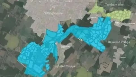 Quinn Estates An aerial map showing the area south of Sittingbourne. There is an area highlighted in blue which shows where a new housing development would go