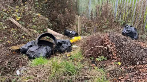 Tyres, bags of rubbish and wooden panels in bushes at the side of a metal fence.