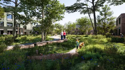 Hawkins Brown CGI image of the community space, part of Begbroke Innovation District. People are seen walking around, and children playing and enjoying a sunny day.