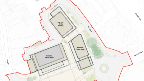 Derby City Council A birds eye view of the outlines of the new buildings to replace the Assembly Rooms.