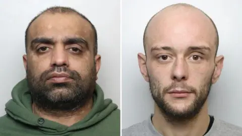 West Yorkshire Police Two police mugshots side by side. On the left is a man with short dark hair, a beard and who is wearing a green hoodie. On the right is a thin and gaunt man with a short beard.