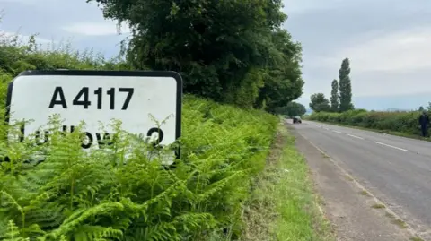 A black and white sign which reads A4117 beside a straight road which is partially covered in green ferns