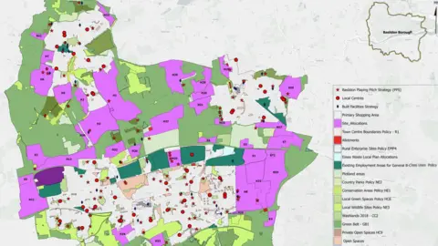 Basildon Council A map of the borough of Basildon. Different areas of the map are highlighted in different colours - mostly purple and green.