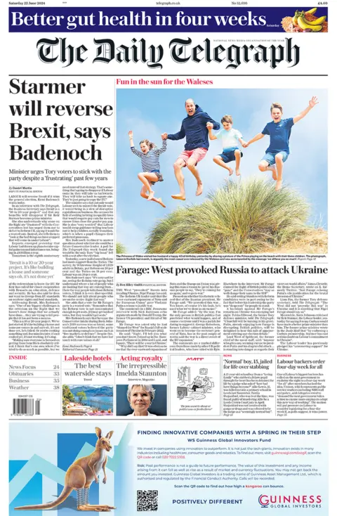 Daily Telegraph headline: "Starmer will reverse  Brexit, says Badenoch"