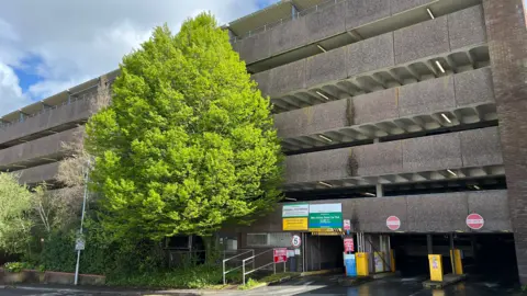 The image shows the exterior of a multi-storey car park. A large green tree is in front of the concrete car park.