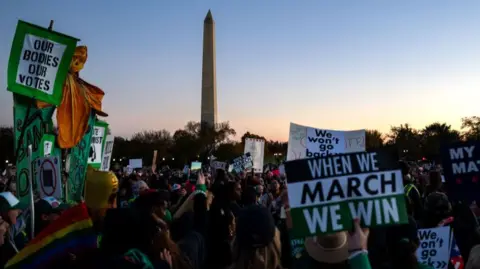 2: Demonstrators gather at the Ellipse, after marching from Freedom Plaza for the Women's March on November 02, 2024 in Washington, DC