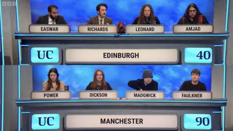 The Manchester team is seen at the bottom of the screen while the Edinburgh team is seen at the top. 