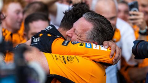 Race winner Lando Norris of Great Britain and McLaren celebrates victory with McLaren Chief Executive Officer Zak Brown after the F1 Grand Prix of Miami at Miami International Autodrome on May 05, 2024 in Miami