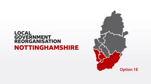 Un mapa generado que muestra los límites de Nottinghamshire con la Opción 1E escrita al lado. Gran parte del sur de Nottinghamshire está sombreada en rojo.