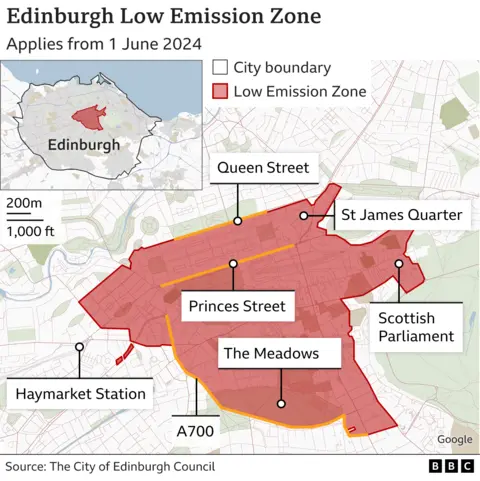 Map of Edinburgh's low emission zones