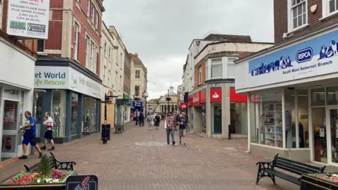 Bridgwater town centre, showing the pedestrianised high street. Shops shown include RSPCA and Secret World wildlife rescue charity shops.
