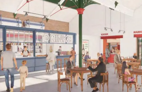 Telford & Wrekin Council/Group Ginger Artist's illustration: The blue-coloured bar has the word drinks in large letters above it, while the word kiosk is above the red and orange kiosk. People are sitting at tables in the foreground. Original wrought iron features are visible with more modern lighting.
