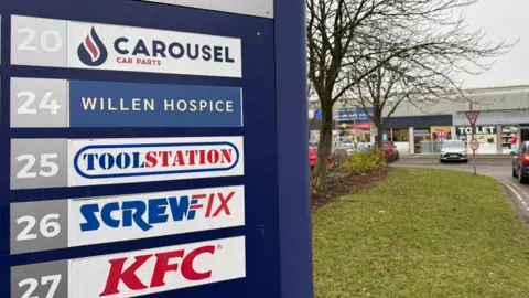 Willen Hospice A close up of a sign with a list of outlets outside a trading estate. The shops are in the background.