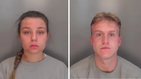 A composite image of Amy Cave and Craig Neill. Cave is on the left and has brown hair tied in a plaited ponytail. Neill is on the right and has short blonde hair. They are both wearing grey tops.