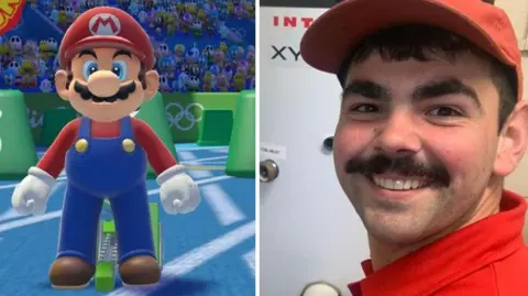 A video game image of the Super Mario character next to a picture of Ruben, with a bushy mustache red baseball cap and red shirt