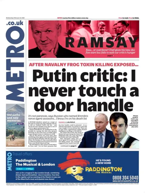 The front page of the Metro reads: "Putin critic: I never touch a door handle." 