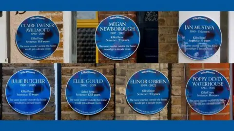 Killed Women Compositve image of seven round blue plaques, covered in black marks and showing details about the killings of Claire Tavener (Willmott), Megan Newborough, Jan Mustafa, Julie Butcher, Ellie Gould, Elinor O'Brien and Poppy Devey Waterhouse