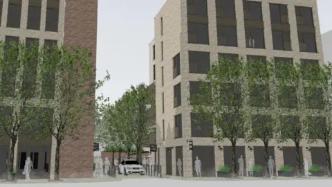CW Architects Artist impressions of the two new blocks of co-living apartments that will replace Asset House on Penarth Road, Cardiff. The high-rise apartment blocks are light brick with a grid of large windows, and with a row of trees in front of them. 