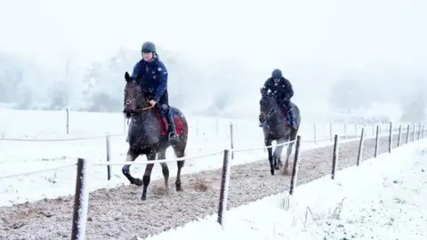 PA Media Horses on the gallops at Sam Drinkwater's Granary Stables, Strensham, Worcestershire.