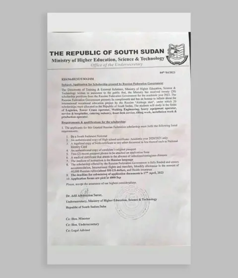 Supplied to the BBC A typed memo from the Republic of South Sudan advertising jobs in Russia