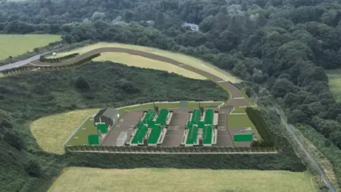 A CGI-generated architect's plan of a sewage treatment facility, which includes six long green waste tanks, shown built on a field surrounded by trees.