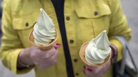 A perspn wearing a bright yellow shirt, face hidden from view, holding two ice cream cones