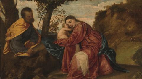 Rest on the Flight into Egypt. The painting depicts Joseph, Mary and Jesus stopping to rest while travelling.