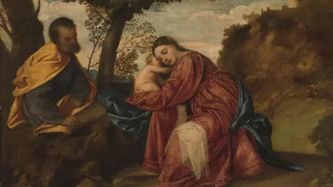 CHRISTIE'S IMAGES LTD. 2024 Rest on the Flight into Egypt. The painting depicts Joseph, Mary and Jesus stopping to rest while travelling.