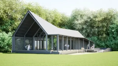 Artist's impression of a grey-coloured arched building with large glass doors. The building has a large lawned area to the front with trees in the background.