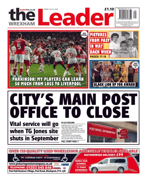 Wrexham Leader The front page of the Wrexham Leader. The headline reads: 'City's main post office to close'. 