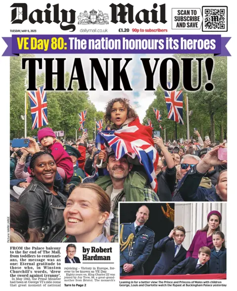  "Thank you!", in reference to the 80th anniversary of VE Day. The photo is of a young child draped in a Union Jack flag on the Mall in front of Buckingham Palace.