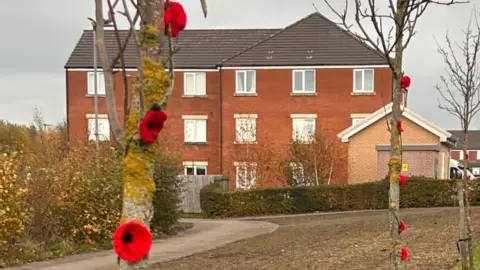 Knitted red poppies adorn the slender trunk of young trees lining pavements outside a three-storey block of new-build flats.