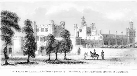Getty Images A black and white image of Theobalds Palace. It is surrounded by trees. 