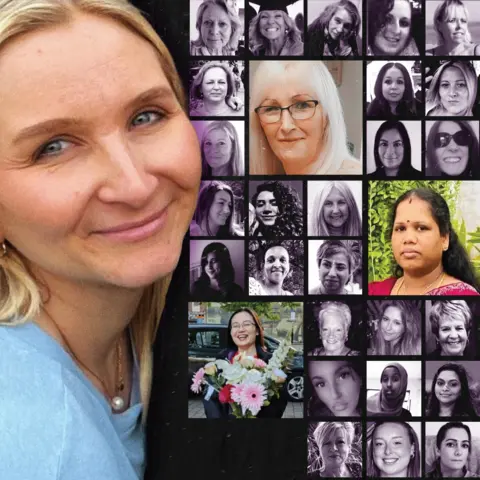 BBC Composite image of some of the women killed by men in 2025, including Isobella Knight on the le, and colour photos of three other women