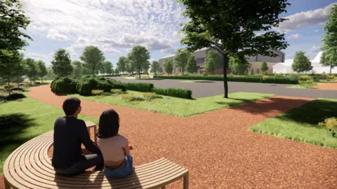 Wiltshire Council A digitally rendered image which shows a mock up design of a large brown warehouse style building.