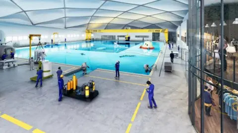 Blue Abyss A virtual image showing workers in blue uniform stand around a large square pool that has various space crafts inside it.