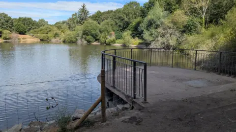 RSPCA A large pond with a semi-circle shaped ledge with metal fencing around it, overlooking the water. There is a bank on the opposite side of the lake with brown grass, and surrounding the perimeter of the pond are green trees and bushes