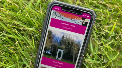 The artworks shown in the online portal on a mobile phone. The phone is sitting on some green grass.