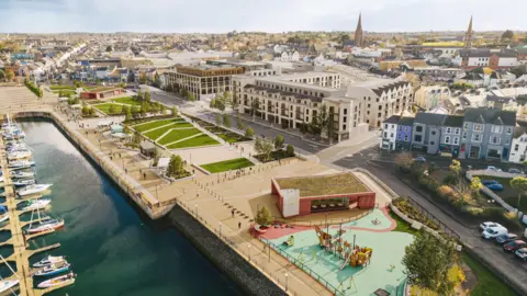 CGI image of proposed plans for Bangor Marina. There are boats in the harbour on the left, and a grassy public realm space on the right. There is a park, houses, and apartments. The rest of the city is visible in the distance.