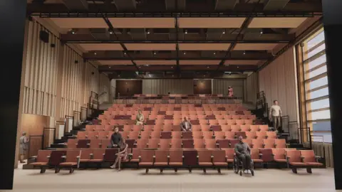 Handout An artist's image shows a theatre auditorium with people sitting and standing in the space and a man using a wheelchair at the front.