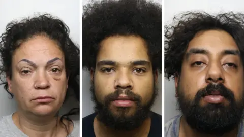 Mugshots of three people, with all looking at the camera. All have dark hair. A woman on the left has long, curly hair and is frowning. Two men have neutral expressions and have dark beards.