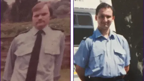 South East Coast Ambulance Service Two photos side by side, each showing a man in paramedics uniforms. The left is wearing a shirt and black tie, and has brown hair and moustache. The right is wearing a short-sleeved blue shirt and has black hair. Both men have epaulettes.