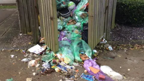 David Armstrong An overflowing large communal bin with food and other waste items strewn across the floor