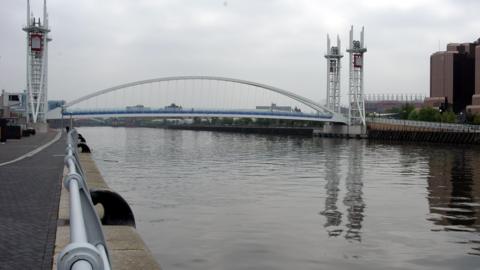 The Lowry footbridge spanning the Manchester Ship Canal at The Quays.