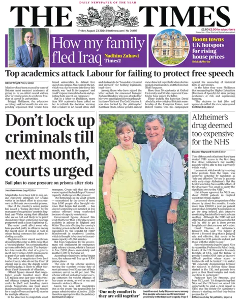 The front page of The Times, August 23