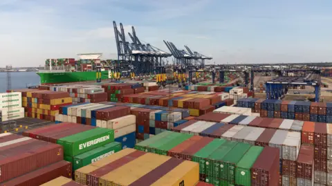 A view over the Port of Felixstowe. Large shipping containers can be seen stacked up next to each other and on top of each other. Container ships can be seen in the distance.