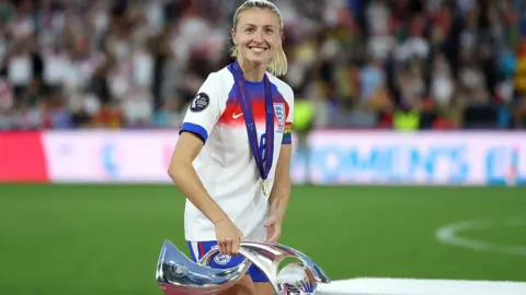 England captain Leah Williamson holds the European Championship trophy, 2025..